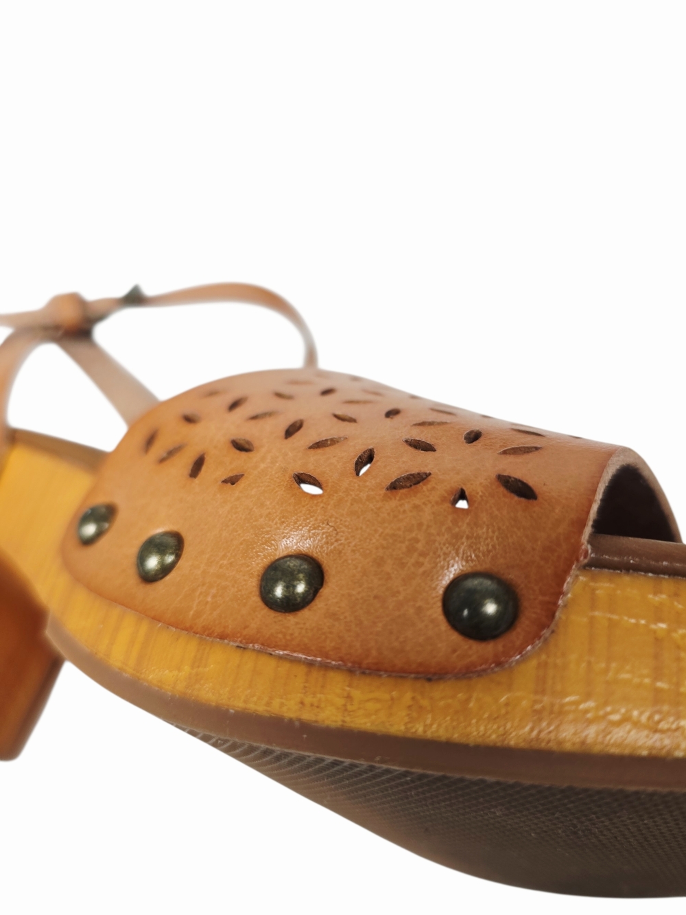 Women's Tan Woodgrain Look Laser-Cut Block Heel Sandals with Ankle Strap - Picture 6 of 16